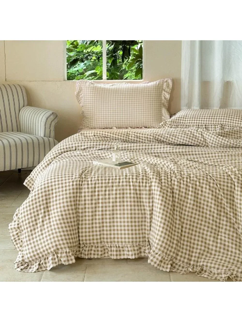 Tan Ruffled Gingham King Comforter Set | Cozy Bedding | Farmhouse Style Decor